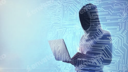 Preview: Sode View On No Face Hacker Working On Laptop And Abstract Board Circuit Illustration