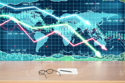 Preview: Eyeglasses And Paper On Wooden Table At Business Graph With Arrows Down Background