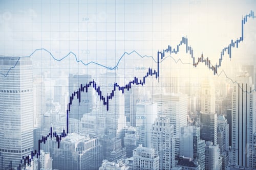 Preview: Glowing Stock Chart On Blurry City Background. Trade And Investment Concept. Multiexposure