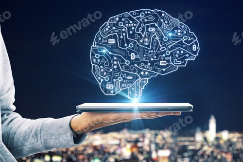 Preview: Close Up Of Hand Holding Device With Glowing Circuit Brain Hologram On Blurry City Background. Ai