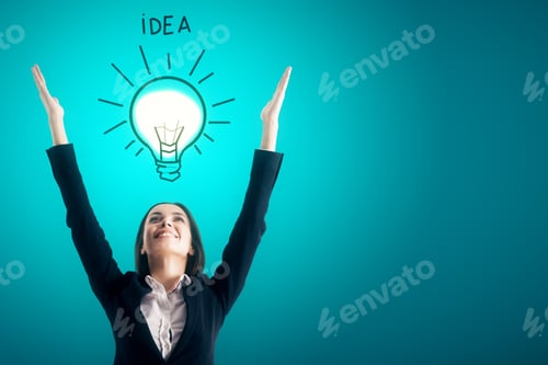 Preview: Attractive Happy Young Businesswoman With Drawn Lamp On Blue Background. Idea And Success Concept