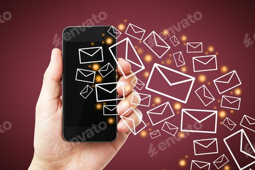 Preview: Close Up Of Man Hand Holding Smartphone With Creative Drawn Email Icons On Red Background