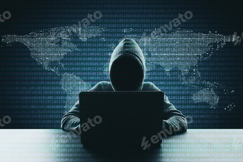 Preview: Hacker Using Laptop On Abstract Binary Code Map Background. Hacking And Phishing Concept