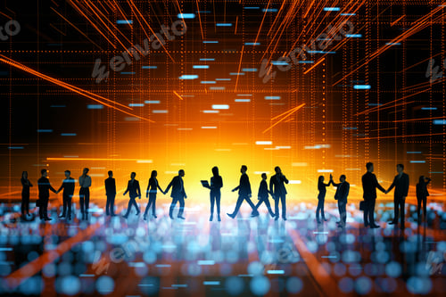 Preview: Backlit Business People Standing In Abstract Blurry Metaverse. Meta, Teamwork And Cyberspace Concept