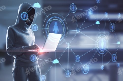 Preview: Hacker With Laptop And Creative Glowing Blue Business Interface Standing On Blurry Office