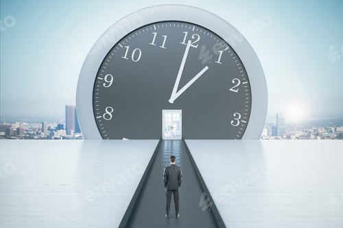 Preview: Businessman Looking On Big Clock With Door On A City View Background. Business And Deadline Concept.