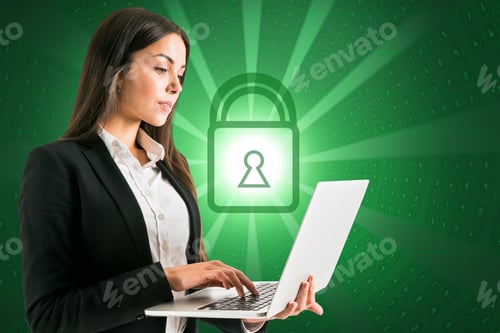 Preview: Attractive Young European Businesswoman Using Laptop With Glowing Padlock On Coding Background