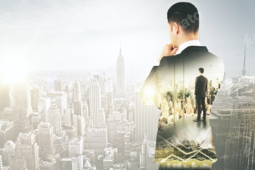 Preview: Back View Of Thoughtful Young Businessman On City Background With Copy Space. Research Concept