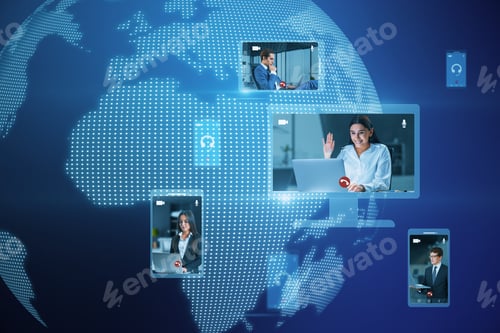 Preview: Abstract Globe Map With Computer Screens And Creative Video Conference Call Between Attractive