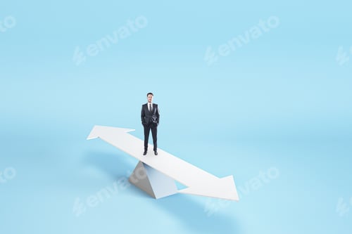 Preview: Businessman On White Swing With Arrows Making Decision Which Way Is Better, Right Choice Concept