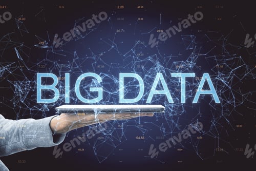 Preview: Hand Holding Tablet On Abstract Polygonal Big Data Background. Technology And Communication Concept