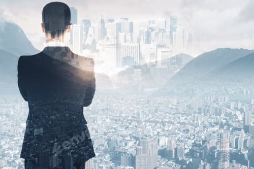 Preview: Rear View Of Thoughtful Young Businessman Looking At Abstract City With Sunlight And Copy Space