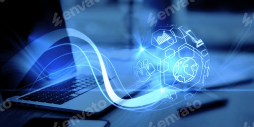 Preview: Close Up Of Workplace With Laptop Computer And Creative Blue Spherical Business Interface On Blurry