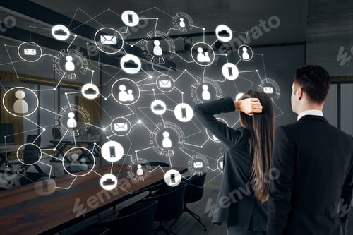Preview: Young Stressed European Businesspeople Looking At Creative Social Network Interface On Blurry
