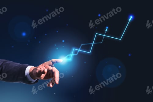 Vista previa: Lanzamiento de un concepto de soluciones rentables con el dedo de un empresario tocando la pantalla digital con brillo