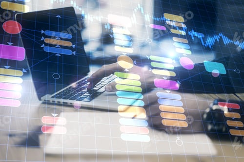 Preview: Close Up Of Hands Using Laptop And Writing At Workplace With Abstract Programming Interface