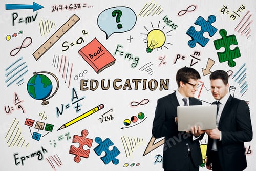 Preview: Happy Businessmen With Laptop With Creative Education Sketch On White Concrete Wall Background