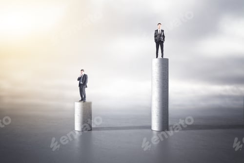 Preview: Two Businessmen Standing On Abstract Pillars On Sky Background. Teamwork, Worker And Boss Concept