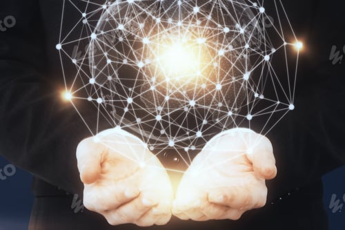 Preview: Male Hands Holding Abstract Digital Sphere On Dark Background. Future Concept