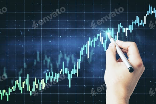 Preview: Hand Drawing Creative Forex Chart On Blurry Blue Background. Finance And Trade Concept