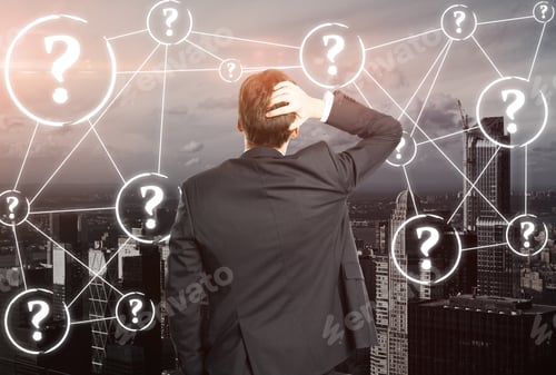 Preview: Back View Of Worried Businessperson On City Background With Connected Question Marks. Faq Concept