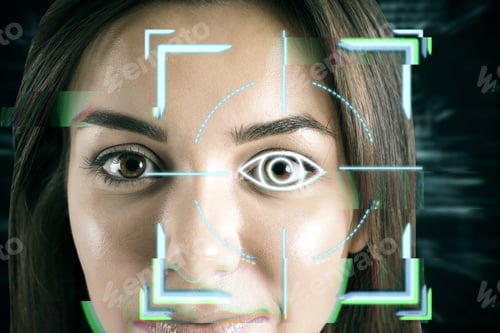 Preview: Portrait Of Attractive Young European Businesswoman With Abstract Glowing Face Recognition