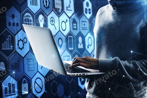 Preview: Technology And Hack Concept. Hacker Using Laptop With Digital Business Interface