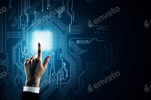 Preview: Hand Pointing At Creative Circuit Background With Chip. Ai And Technology Concept