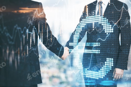 Preview: Handshake On Abstract Stock Chart And Euro Symbol Background. Teamwork, Money And Deal Concept
