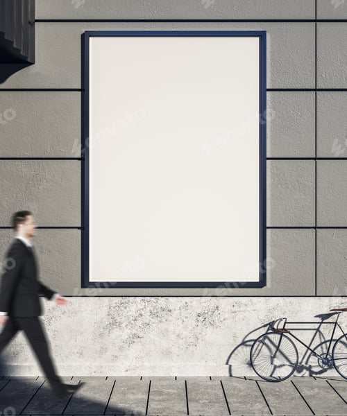 Preview: Businessman Walking Past Empty Concrete Exterior Wall With Bicycle On Street, Empty Poster And