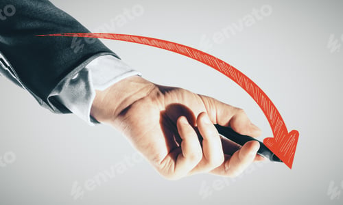 Preview: Businesssman Hand With Pen Drawing Falling Red Arrow. Trade And Finance Depression Concept. Close Up