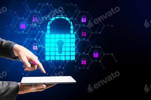 Preview: Hands Holding Tablet With Glowing Padlock Hologram On Dark Background. Password And Access Concept