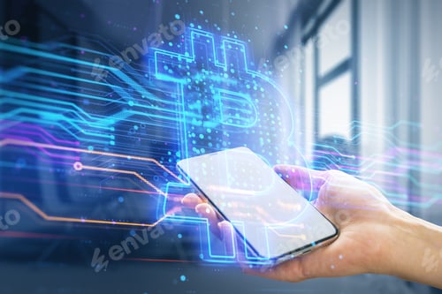 Preview: Close Up Of Female Hand Holding Smartphone With Creative Blue Bitcoin Hologram On Blurry Office