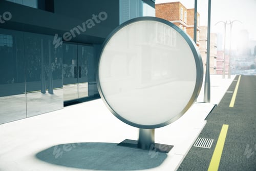 Preview: Round Blank Billboard On Sunny City Street, Mock Up 3D Render