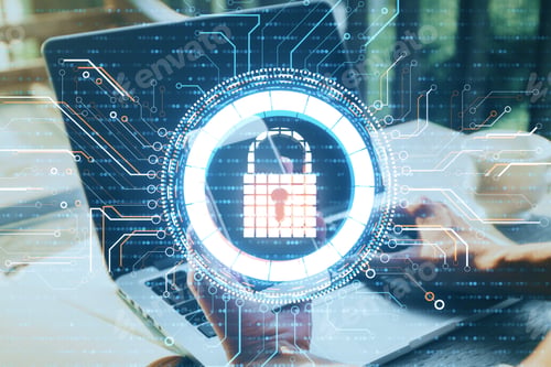 Preview: Side View Of Hands Using Phone And Laptop With Glowing Digital Padlock Interface. Safety And