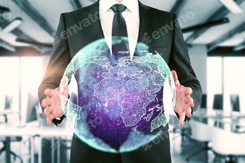 Preview: Businessman Holding Creative Glowing Globe On Blurry Office Background. Communication And Travel