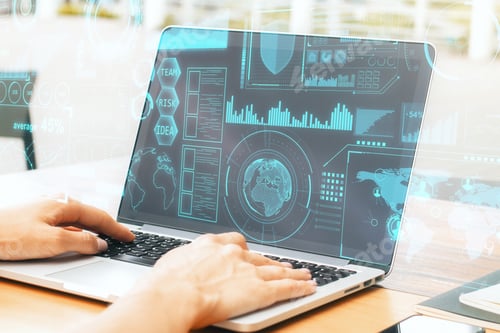 Preview: Double Exposure Of Blockchain Interface And Woman Hands Typing On Laptop In In The Afternoon.