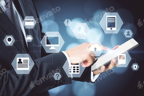 Preview: Businessman Hand Holding Tablet With Digital Business Interface. Innovation And Technology Concept.