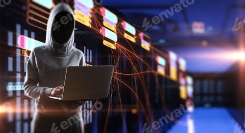 Preview: Internet Security Concept With Hacker Using Laptop At Digital Node Symbols And Server Room