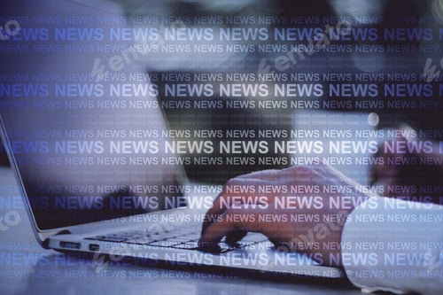 Preview: Close Up Of Hands Using Laptop With Creative News Header Hologram On Blurry Background. Information