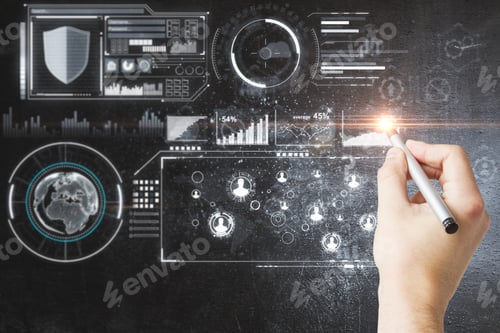 Preview: Hand Drawing Glowing Digital Business Interface On Concrete Wall Background. Innovation And Finance