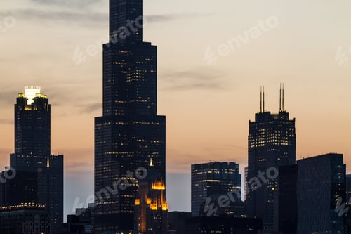 Preview: Beautiful Chicago Skyscrapers On Sunset Sky Background