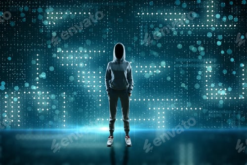 Preview: Young Hacker In Hoodie On Abstract Blurry Circuit Background. Criminal And Computing Concept.