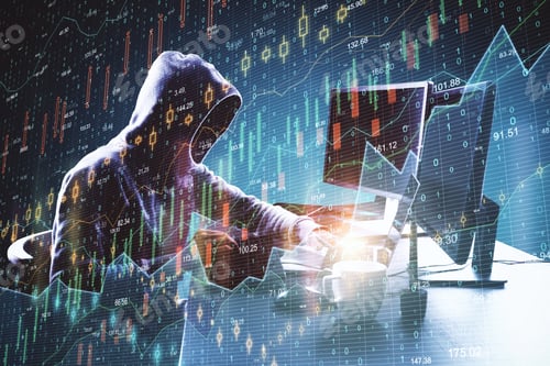 Preview: Hacking In Hoodie At Office Desktop Using Computer With Candlestick Index Forex Chart. Finance And