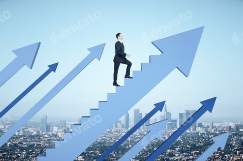Preview: Businessman Climbs Stairs In Form Blue Arrow On City Background. Business And Winning Concept.