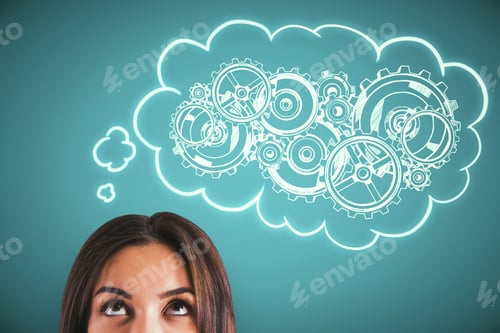 Preview: Portrait Of Attractive Young Businesswoman Thinking Of Cogwheels Sketch On Blue Background