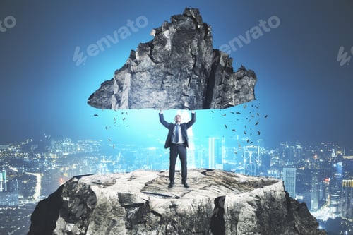 Preview: Man Standing On Mountain And Holding Rock On Night City Background. Leadership And Challenge Concept