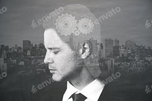 Preview: Businessman With Abstract Mesh Head And Cogwheels On Night City Background. Invention Concept