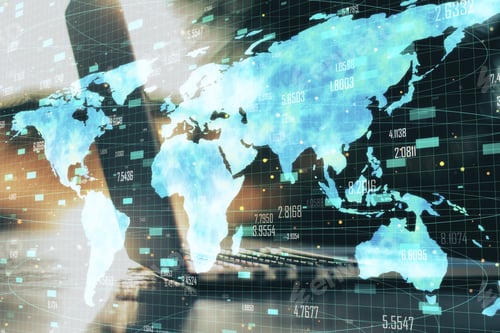 Vista previa: Close Up Of Backlit Laptop With Digital Map And Forex Chart Grid. Technology And Stock Concept
