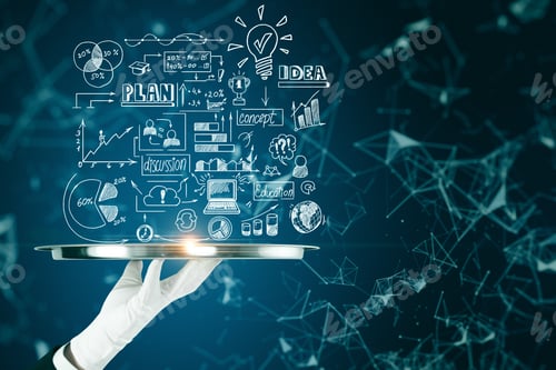 Preview: Hand Holding Tray With Abstract Business Sketch On Blurry Polygonal Background. Plan And Leadership